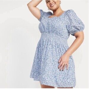 Old Navy Waist Defined Smocked Mini Dress Blue Ditsy Floral Puff Sleeve XXL